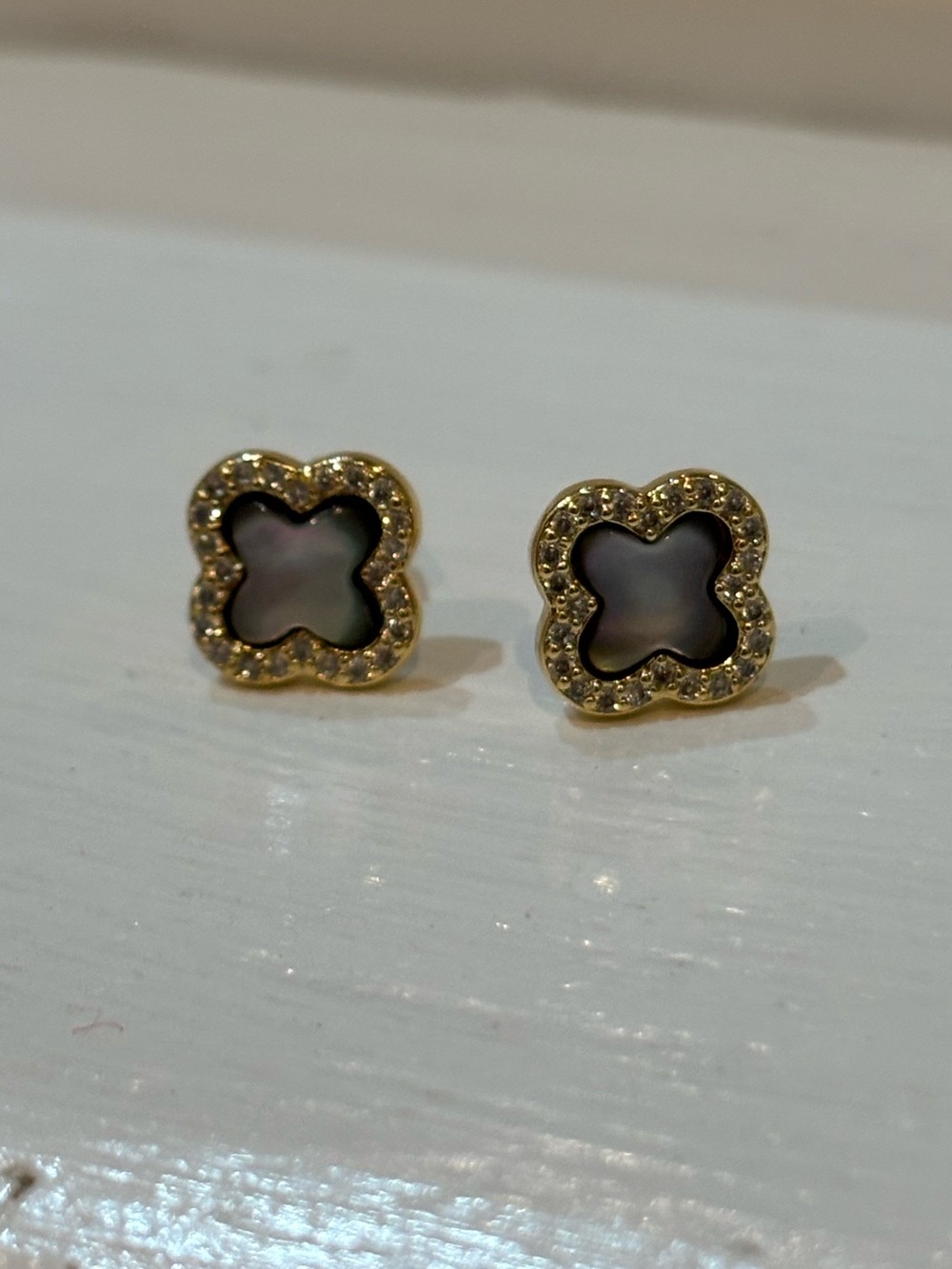 Gold-Tone alloy Clover Stud Earrings with Mother-of-Pearl Inlay